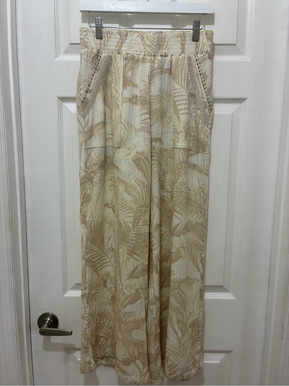 INC International Concepts Beige Smocked Waist Wide Leg Pants size M